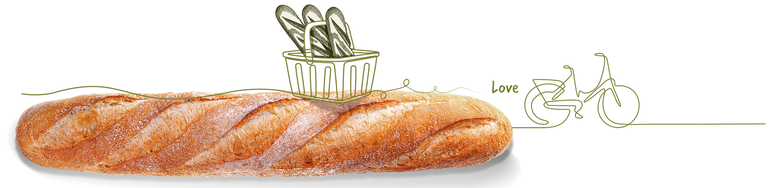 A fresh baguette beside a line drawing of a green bicycle with a basket of baguettes
