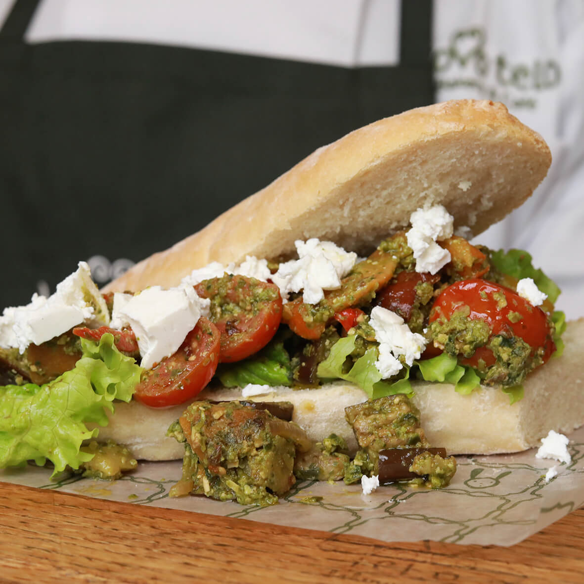 Fresh ciabatta filled with roast vegetables, feta and pesto